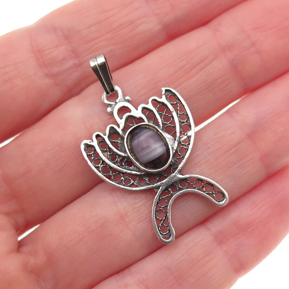 925 Sterling Silver Vintage Murano Glass Menorah Oxidized Charm Pendant